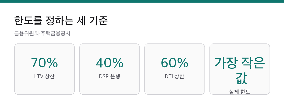 주택담보대출 한도를 정하는 LTV 70퍼센트 DSR 40퍼센트 DTI 60퍼센트와 셋 중 가장 작은 값 카드